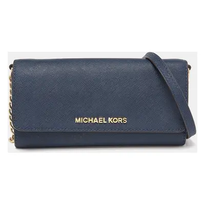 Michael Kors Blue Leather Jet Set Travel Wallet On Chain