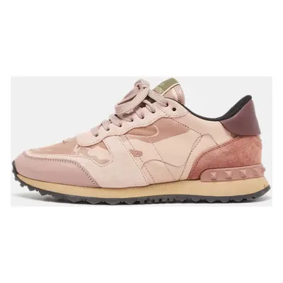 Valentino Pink/Beige Leather and Suede Camouflage Rockrunner Low Top Sneakers Size