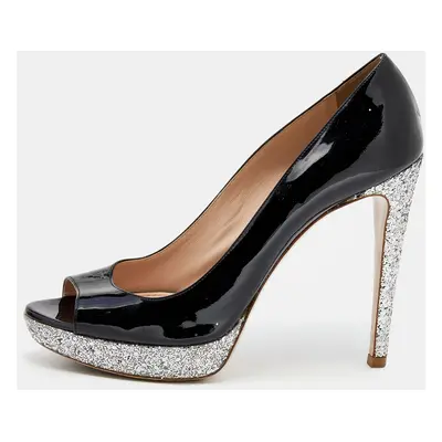 Miu Miu Black Patent Leather Glitter Peep Toe Platform Pumps Size