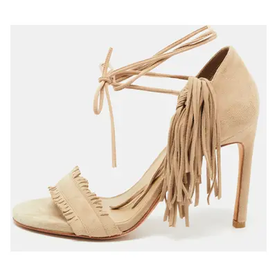 Stuart Weitzman Beige Suede Fringe Ankle Wrap Sandals Size