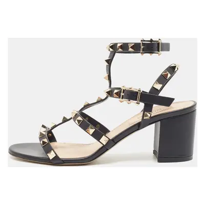 Valentino Black Leather Rockstud Ankle Strap Sandals Size 35.5