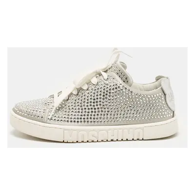 Moschino Grey/Silver Crystal Embellished Satin and Leather Low Top Sneakers Size