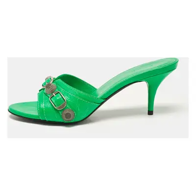 Balenciaga Green Leather Le Cagole Studded Slide Sandals Size