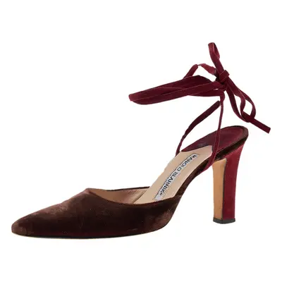 Manolo Blahnik Maroon/Red Velvet Ankle Wrap Sandals Size