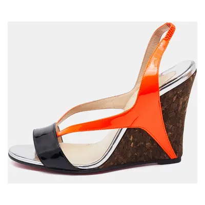 Christian Louboutin Orange/Black Patent Leather Yasmine Slingback Wedge Sandals Size