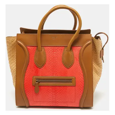 Celine Brown/Coral Orange Python and Leather Mini Luggage Tote