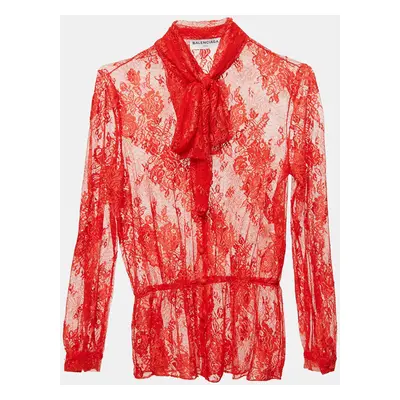 Balenciaga Red Sheer Lace Neck Tie-Up Top