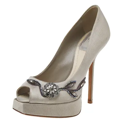 Dior Grey Embellished Satin Peep Toe Platform Pumps Size