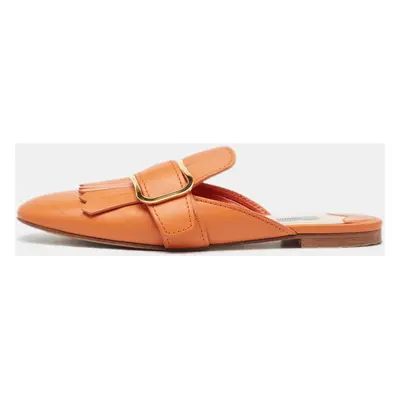 Prada Orange Leather Fringe Buckle Flat Mules Size 39.5