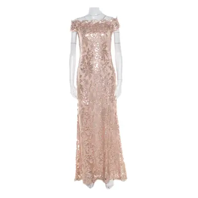 Tadashi Shoji Blush Pink Sequined Off Shoulder Evening Gown