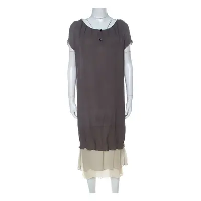 Fendi Grey Silk Ombre Fur Detail Layered Short Sleeve Dress