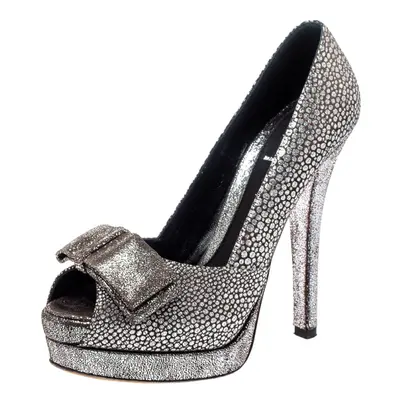 Fendi Silver Textured Fabric Bow Peep Toe Pumps Size