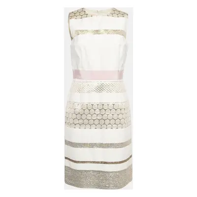 Giambattista Valli Off White Lurex Brocade Striped Cotton Sleeveless Dress