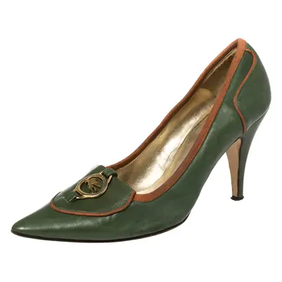 Etro Green Leather Logo Embellished Pointed Toe Pumps Size 38.5