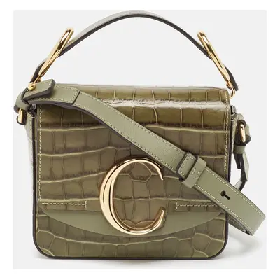 Chloé Two Tone Green Croc Embossed Leather Mini C Top Handle Bag