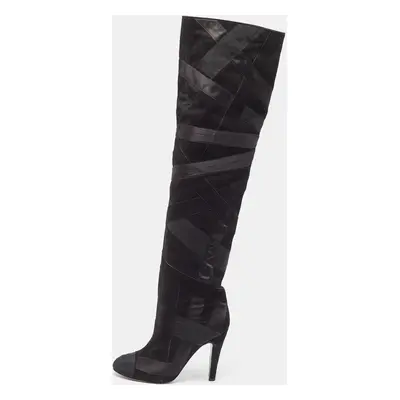 Chanel Black Suede and Grosgrain CC Cap Toe Knee Length Boots Size