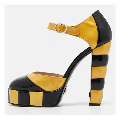 Chanel Black/Yellow Patent Leather Platform Ankle Strap Pumps Size 37.5