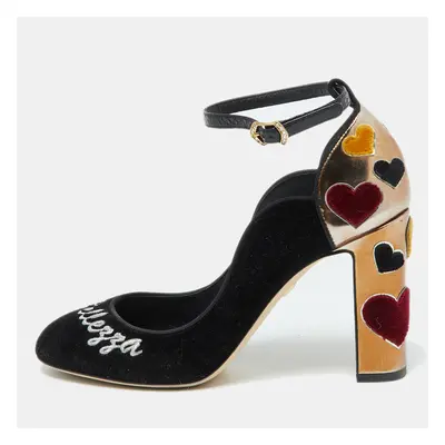 Dolce & Gabbana Black/Gold Velvet and Leather L' Amore Block Heel Pumps Size