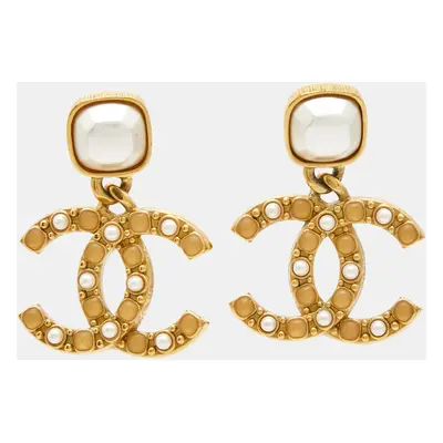 Chanel CC Faux Pearl Resin Gold Drop Earrings