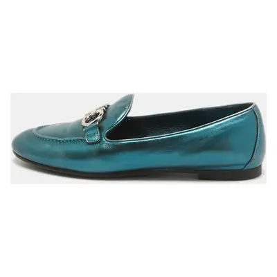 Salvatore Ferragamo Metallic Blue Leather Gancini Loafers Size 38.5