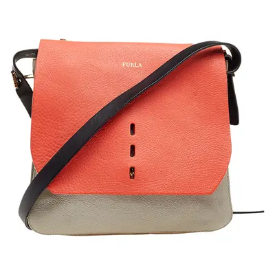 Furla Orange/Grey Leather And Suede Flap Shoulder Bag