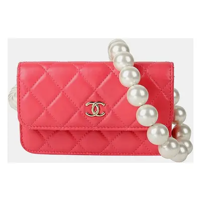 Chanel Pink Leather Pearl Mini Wallet On Chain