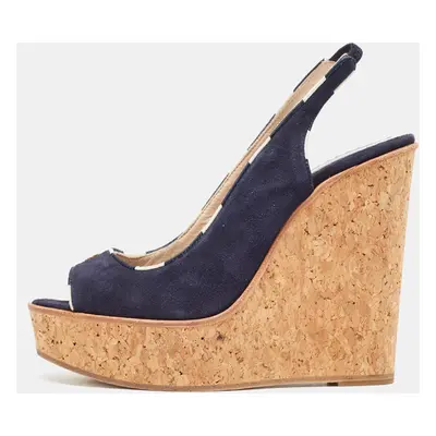 CH Carolina Herrera Navy Blue Suede Cork Wedge Slingback Sandals Size