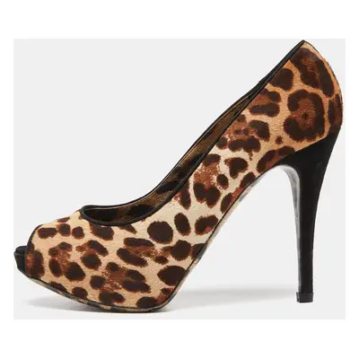 Dolce & Gabbana Beige/Brown Leopard Print Calfhair Peep Toe Pumps Size