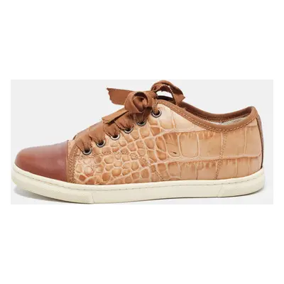 Lanvin Brown Croc Embossed Leather Lace Up Low Top Sneakers Size