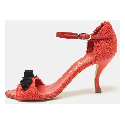 Chanel Red Tweed CC Bow Ankle Strap Sandals Size 38.5