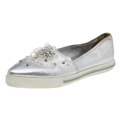 Miu Miu Metallic Silver Leather Embellished Pointed Toe Slip On Sneakers Size