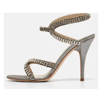 Jimmy Choo Metallic Grey Textured Suede Crystal Embellished Angel Sandals Size