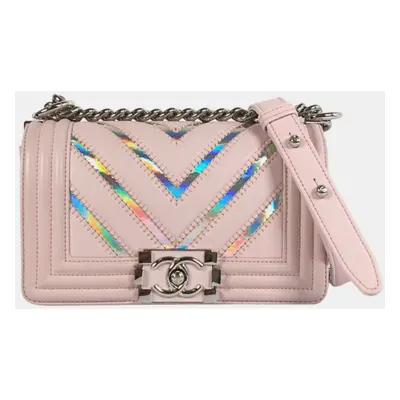 Chanel Pink Calfskin Leather Small Chevron Boy Bag