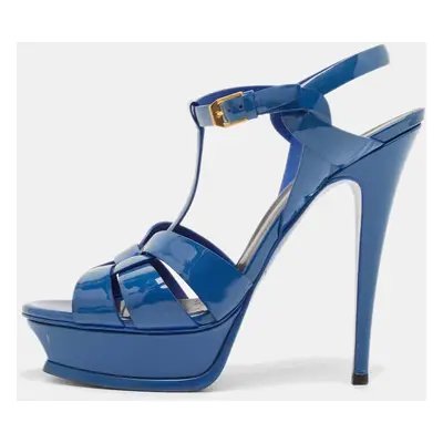 Saint Laurent Blue Patent Leather Tribute Platform Sandals Size