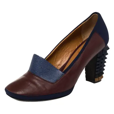 Fendi Brown/Blue Lizard Embossed Leather and Fabric Polifonia Court Studded Heel Pumps Size