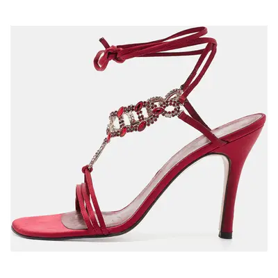 Stuart Weitzman Burgundy Satin Crystal Embellished Ankle Strap Sandals Size