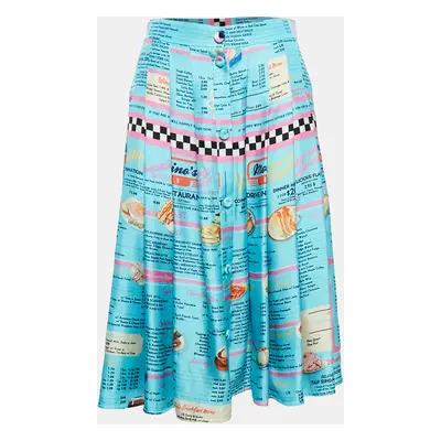 Moschino Couture Blue Drive In Menu Print Silk Pleated Midi Skirt