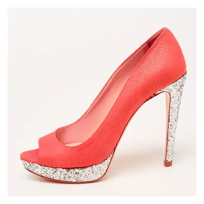 Miu Miu Neon Pink Leather And Glitter Peep Toe Platform Pumps Size 38.5