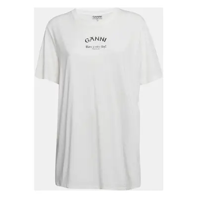 Ganni White Printed Cotton Knit Crew Neck T-Shirt