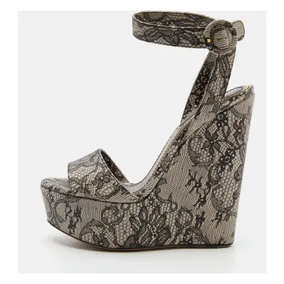 Dolce & Gabbana Black/White Chantilly Lace Printed Wedge Sandals Size 38.5