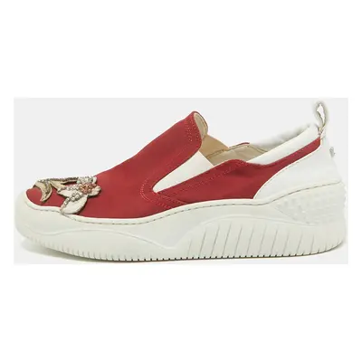 N21 Red Canvas Crystal Embellished Slip On Sneakers Size