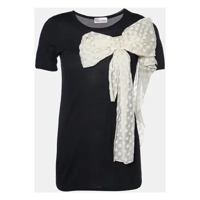 Red Valentino Black Jersey Contrast Bow Detail Raw Edged Top