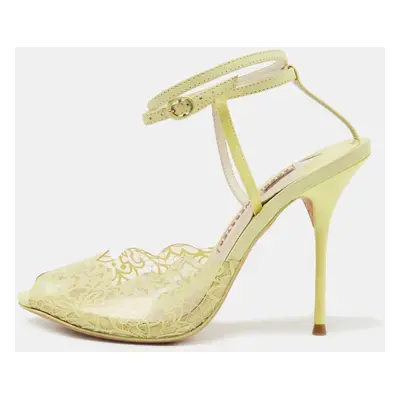 Sophia Webster Yellow Leather and Lace Print PVC Peep Toe Ankle Strap Sandals Size