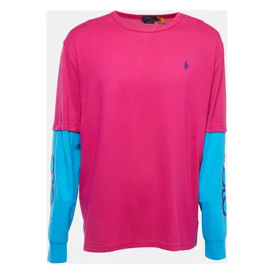 Polo Ralph Lauren Pink/Blue Logo Embroidered Cotton Crew Neck Long Sleeve T-Shirt