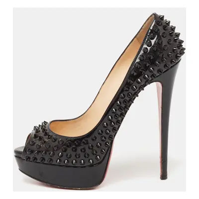 Christian Louboutin Black Patent Lady Peep Spikes Platform Pumps Size 39.5