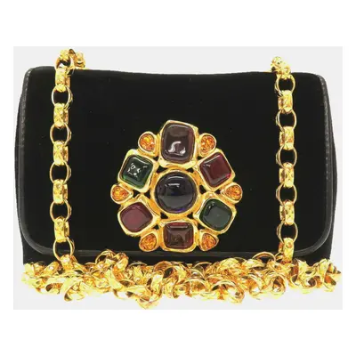 Chanel Black Suede Multicolor Stone Gold Chain Shoulder Bag