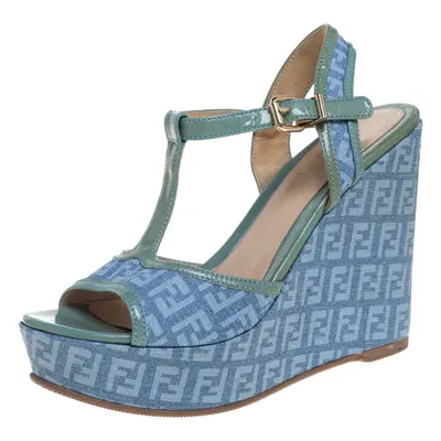 Fendi Blue/Green Canvas And Patent Leather Wedge Sandals Size 38.5