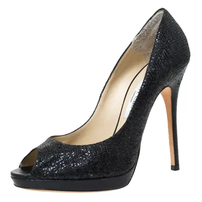 Jimmy Choo Black Lamè Fabric Quiet Peep Toe Platform Pumps Size 39.5