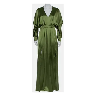 Balmain Green Silk Satin Pleated Front Slit Detail Maxi Dress