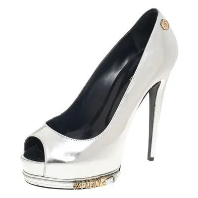 Phillip Plein Silver Leather Peep Toe Buckle Detail Platform Pumps Size